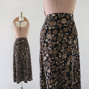 botanical maxi skirt - 32 - vintage 90s y2k womens black floral spring summer dark floral minimal 