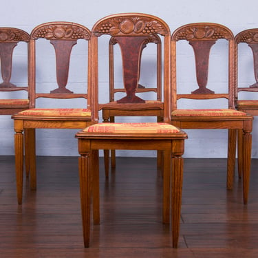 1930s French Art Deco Oak Dining Chairs - Set of 6 