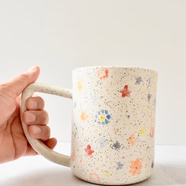 Handmade Speckled Ceramics Mug with Hand Painted Flowers 