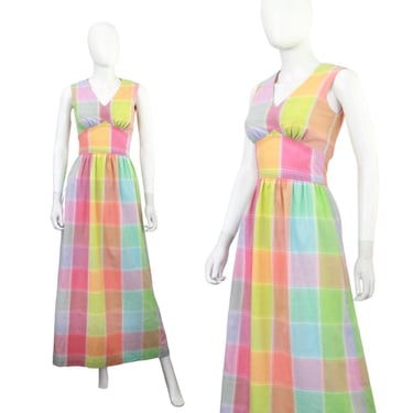 1970s Rainbow Maxi Dress - 70s Rainbow Dress - 70s Rainbow Plaid Dress - Vintage Rainbow Dress - Vintage Rainbow Maxi | Size Extra Small 