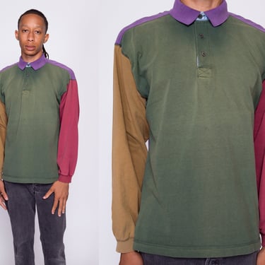 90s Color Block Collared Shirt - Men's Medium | Vintage Grunge Long Sleeve Quarter Button Top 