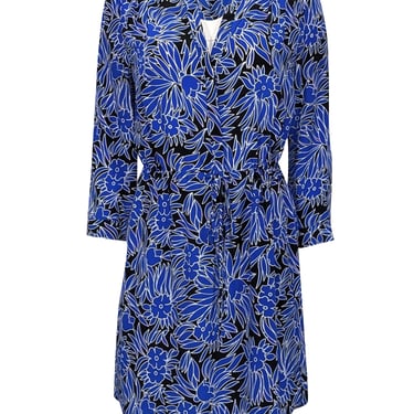 Diane von Furstenberg - Blue & Black Long Sleeve Floral Print Drawstring Waist Dress Sz 0