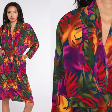 Tropical Floral Dress Long Dolman Sleeve Dress 80s Boho Purple Print Midi 90s Draped V Neck Bohemian Vintage High Waist Large 14 