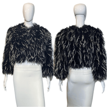 1970's Black Marabou Feather and Silver Tinsel Cropped Disco Jacket - Size S/M