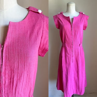 Vintage 1970s Hot Pink Front Zip Dress / S 