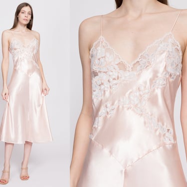 70s Victoria's Secret Blush PInk Nightgown - Medium | Vintage Satin Lace Trim Negligee Nightie Midi Slip Dress 