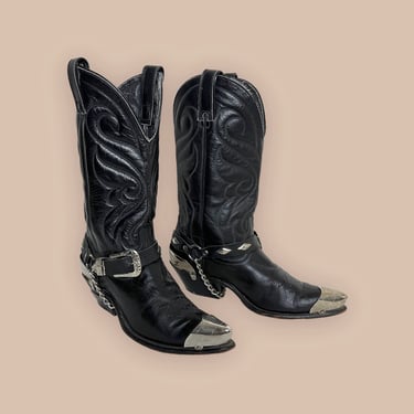 Vintage Women's CODE WEST Black Cowboy Boots ~ size 6 1/2 M ~ Pointed X-Toe ~ Harness / Buckle / Toe & Heel Tips ~ Western / Rockabilly ~ 