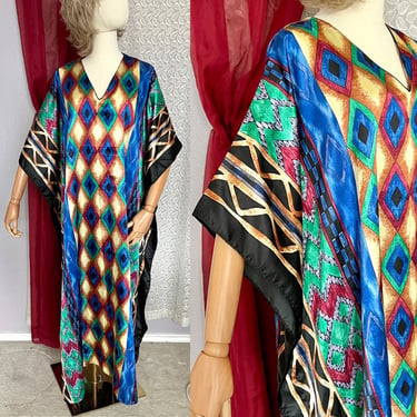 Maxi Caftan, Tribal Ethnic Print, Kaftan, Pull Over Style, Winlar, Vintage Hostess Gown, Wide Sleeves 