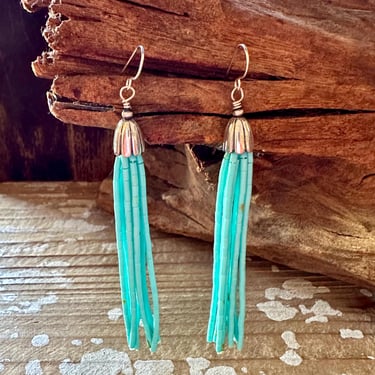 KINGMAN TURQUOISE and SILVER Tassel Earrings | Beaded Jewelry | Dangle Drop | Turquoise Beads | Southwestern Jewelry 