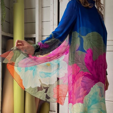 70s Hanae Mori Floral Silk Dress | L