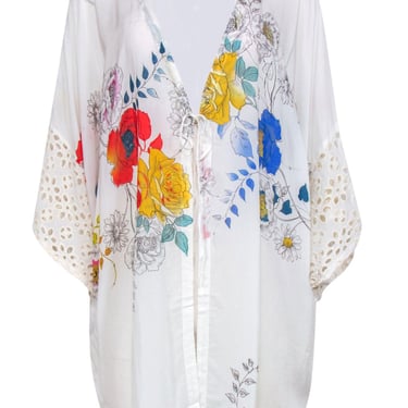 Johnny Was - White & Multicolor Floral Print Kimono w/ Eyelet Sleeves & Tie Sz 1X