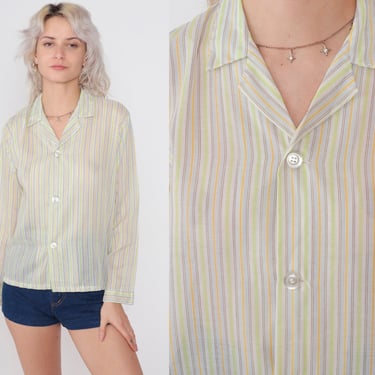 70s Striped Shirt Button up Disco Shirt Semi-Sheer Retro Collared Top Long Sleeve Blouse Lime Green Yellow Blue White Vintage 1970s Small 