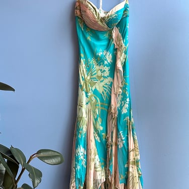 Deadstock Y2K Diane Freis Blue and Pink Floral Gown 