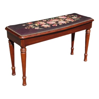 Vintage French Provincial Needlepoint Mahogany Duet Piano Bench Window Seat