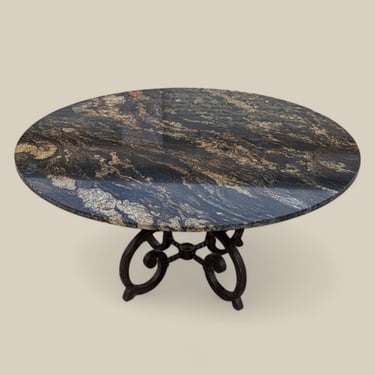 Antique Round Granite Top Dining Table with Ornate Cast Iron Base, Dining Room, Seats 6-8, Regency 