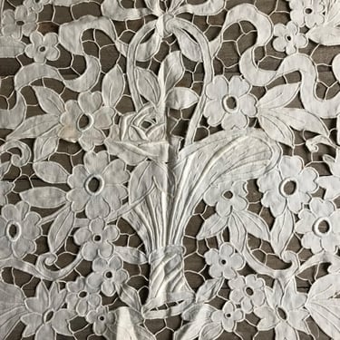 French Richelieu Lace Panels, Embroidered Cutwork Floral Design, Pillow Cover, Shelf Runner, 2 Piece Set, French Farmhouse 