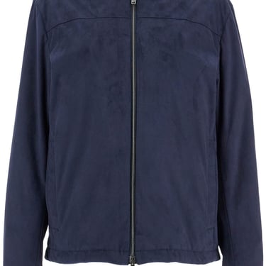 Herno Dark Blue Suede Bomber With Mandarin Collar Men