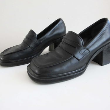 Vintage 90s Black Leather Platform Penny Loafers 6 M Tommy Hilfinger - Square Toe - Chunky Platform Heel 