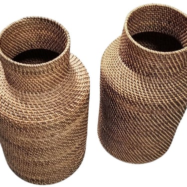 Restored Reed Rattan Wicker Decorative Vases Gabriella Crespi Styled - Pair of 2 