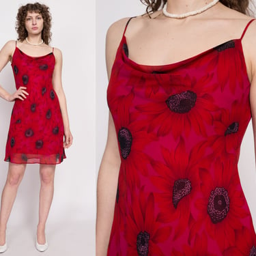 90s Red Floral Cowl Neck Dress - Medium | Vintage A Line Spaghetti Strap Mini Party Dress 