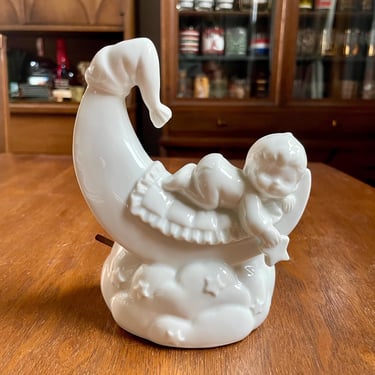 Vintage White Ceramic Baby Sleeping on Crescent Moon Cloud Stars Music Box Figurine Statue | Made in Japan | Nursery Mom Dad New Baby Shower 