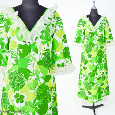 1970s Green Print Maxi Dress | 70s Green Hawaiian Print Hostess Dress | Medium 