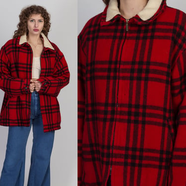 90s L.L. Bean Red Plaid Shearling Lined Coat - Men's XL | Vintage Wool Zip Up Lumberjack Winter Jacket 