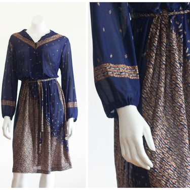 Vintage 1970s Dark Blue Belted Dress 