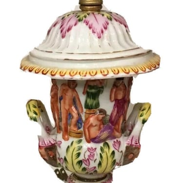 Rare Antique Capodimonte Urn Form Porcelain Lamp w Nudes 