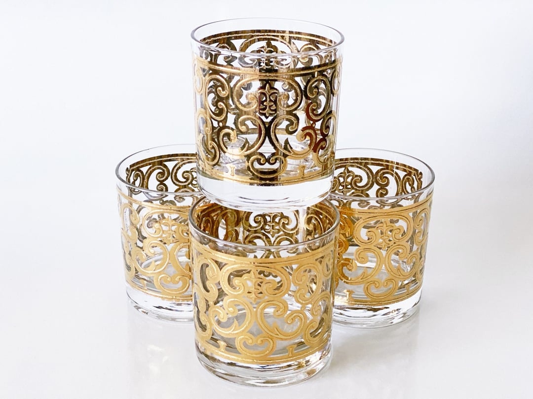 Vintage Briard gold barware 4 Lowball cocktail glasses, Whiskey