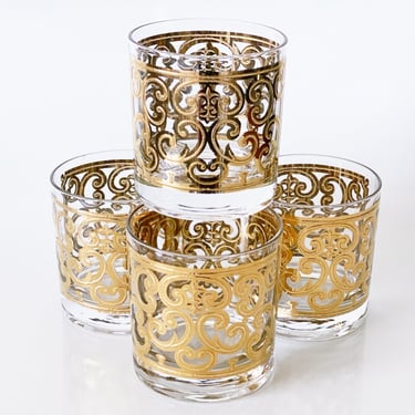 Vintage Georges Briard gold barware 4 Lowball cocktail glasses, Whiskey rocks tumblers Spanish Scroll mid century bar cart glassware 
