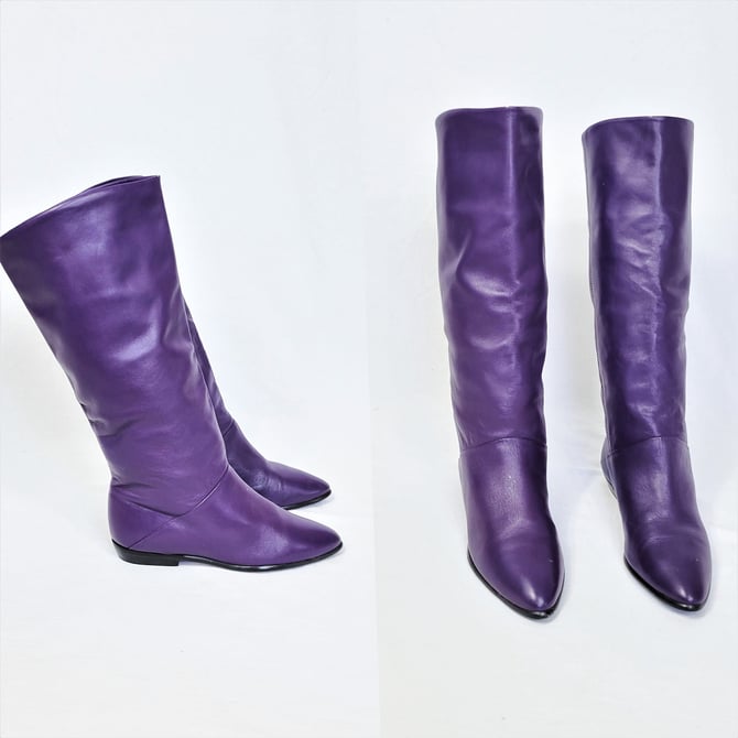 1980's Slouchy Purple Leather Flat Tall Boots I Sz 6.5 I Made in Uraguay 