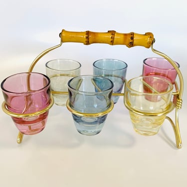 50s Shot Glass Set Holder Bamboo Vintage Mid Century Barware 