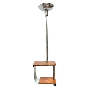 Art Deco Chrome & Wood Torchiere Floor Lamp End Table 