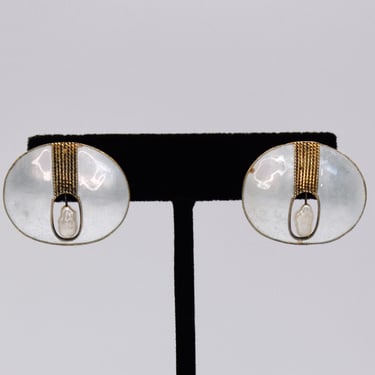 60's Modernist sterling vermeil white enamel pearl studs, unusual gilded 925 silver oval shield earrings 