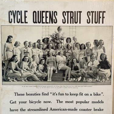 1940s Cycle Queens Strut Stuff Poster - New Departure Coaster Brake - No 132 Printed in USA - Female Bicyclists - PreWar Bike Posters 