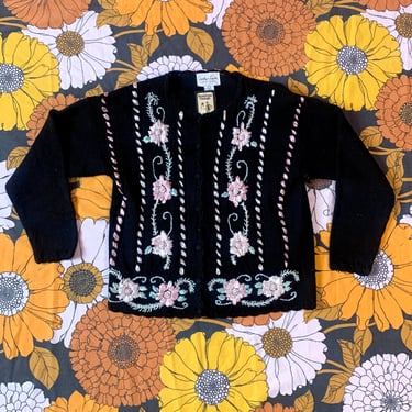 Black Floral Ribbon Embroidered Cardigan