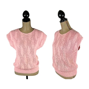 M 80s Pink Knit Sweater Vest, Cap Sleeve Top, Spring Ramie Cotton Slub, 1980s Clothes Women Vintage Clothing Size Medium - Made in Hong Kong 