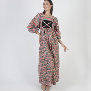 Calico Floral Print Dress, Bohemian Poet Sleeves, Vintage 70s Prairie Striped Maxi, Long Cottagecore Style 