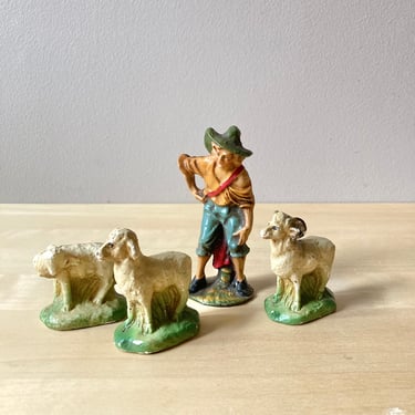 4 rustic figurines made in Italy shepherd plastic chalkware ram sheep for nativity set 