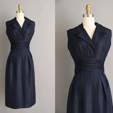 vintage 1950s Dress | Classic Navy Blue Silk Wiggle Dress | Small 