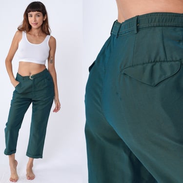 60s Straight Leg Trousers Dark Green Pants Sixties Slacks Cuffed Professor Pants Mid Rise Belted 1960s Vintage Medium M 
