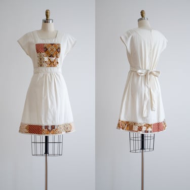white cotton dress 60s 70s vintage cream ivory patchwork boho hippie mini dress 