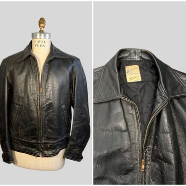 Vintage 50s Taubers Horsehide Jacket | 1950s Black Leather Jacket | Biker Chic | Men's Size Large 