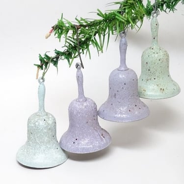 4 Vintage 1950's Bell Ornaments, Antique Retro Painted Metal with Glitter 