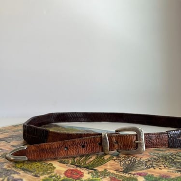 Vintage Brown Woven Worn in Genuine Leather Belt with Silver Tip Buckle - L 