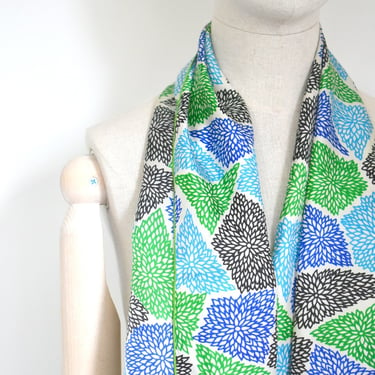 1960s Ray Strauss Green and Blue Silk Scarf 