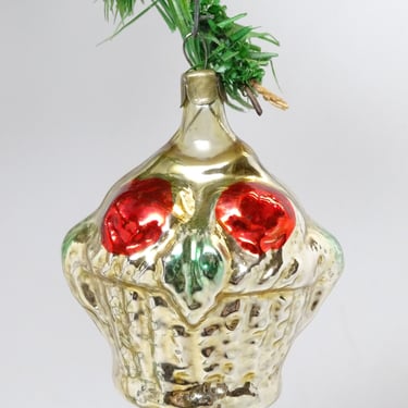 Antique 1940's German Hand Painted Mercury Glass Basket Christmas Ornament, Vintage Tree Decor 