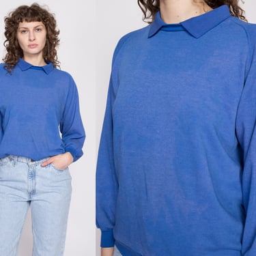 70s 80s Collared Raglan Sweatshirt Extra Large | Vintage Plain Blue Grunge Lightweight Pullover 