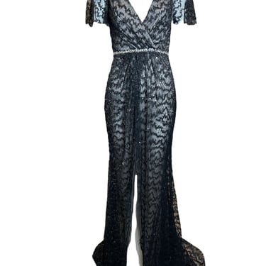 Lorena Sarbu Black Metallic Lace Flutter Sleeve Gown